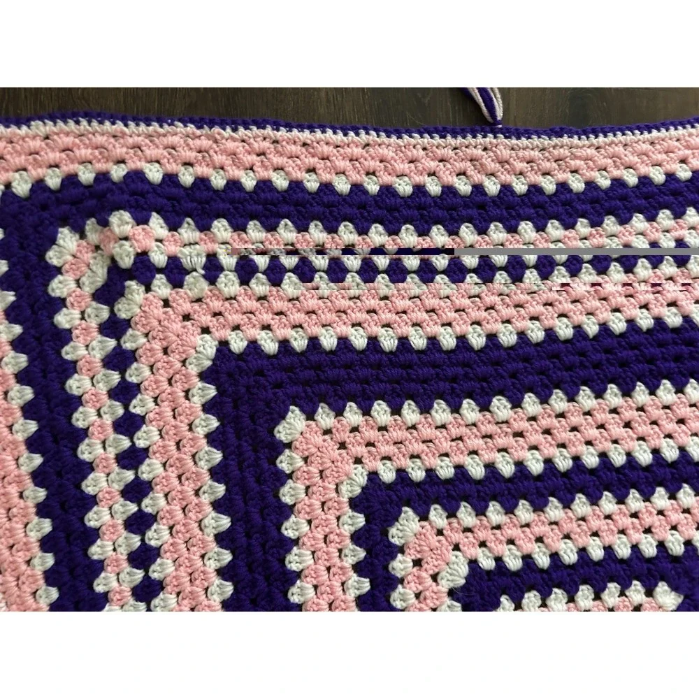 Vintage Afghan Granny Square Blanket Hand Crocheted Pink‎ Purple Tassel 41x39